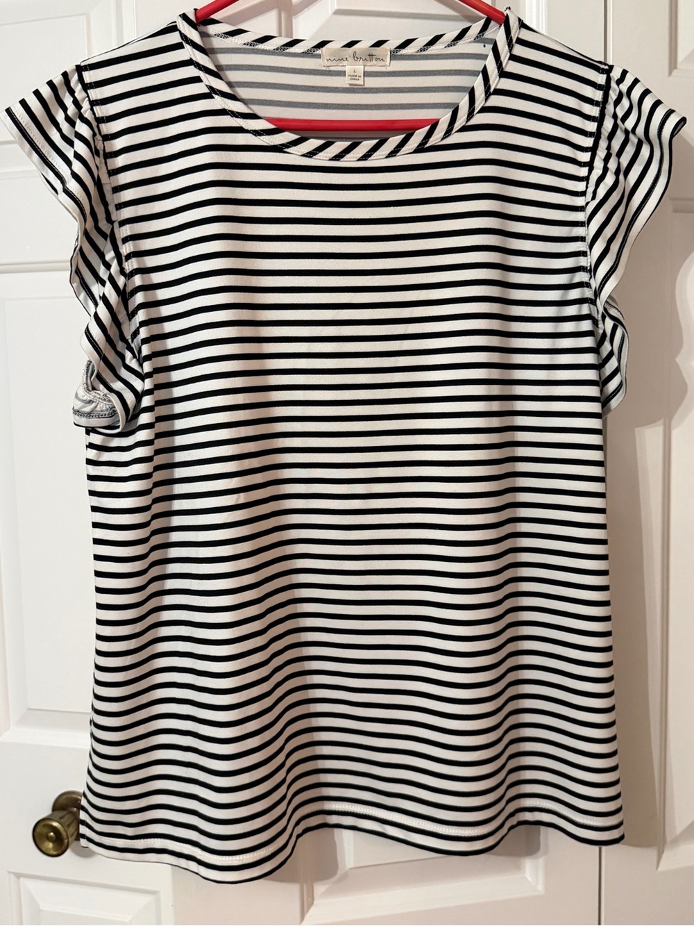 nine britton Black and White Striped Flutter Sleeve Tee